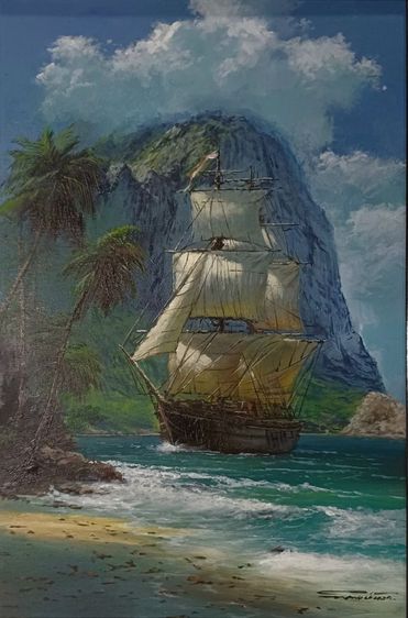 ภาพวาดสีอะคลิลิคบนผืนผ้าใบ(Acrylic on Canvas) ภาพวาดจริง Original ชื่อภาพ"เรือสำเภาที่ชายฝั่ง" ขนาดรวมกรอบ 53.6×73.3cm ภาพสวย ไม่มีตำหนิใดๆ รูปที่ 6