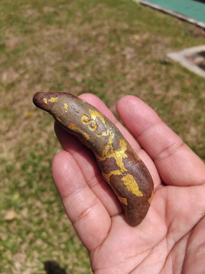 เครื่องราง จารมือ กลายเป็นหิน ผิวสีเขียวสลับแดง ทาสีทอง มีรู ขนาด 3 นิ้ง ผิวมัน แห้งเหี่ยว แข็ง มีน้ำหนัก เก่า แท้ แปลก หายาก ไม่รู้ที่  พุท