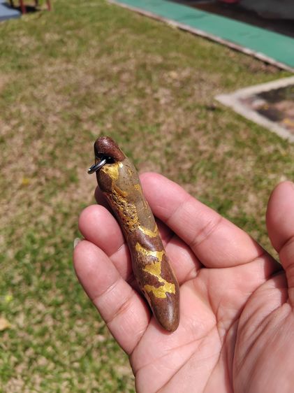 เครื่องราง จารมือ กลายเป็นหิน ผิวสีเขียวสลับแดง ทาสีทอง มีรู ขนาด 3 นิ้ง ผิวมัน แห้งเหี่ยว แข็ง มีน้ำหนัก เก่า แท้ แปลก หายาก ไม่รู้ที่  พุท รูปที่ 3