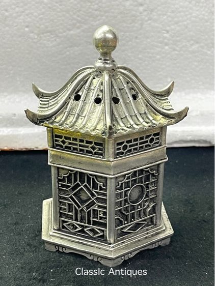 กระถางกำยาน เก๋งจีน หกเหลี่ยม กะไหล่เงิน สะสม