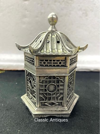 กระถางกำยาน เก๋งจีน หกเหลี่ยม กะไหล่เงิน สะสม รูปที่ 9