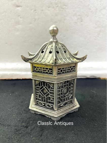 กระถางกำยาน เก๋งจีน หกเหลี่ยม กะไหล่เงิน สะสม รูปที่ 2