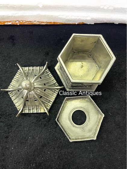 กระถางกำยาน เก๋งจีน หกเหลี่ยม กะไหล่เงิน สะสม รูปที่ 14