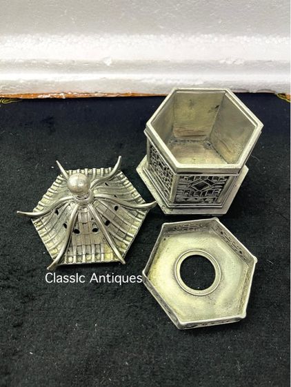 กระถางกำยาน เก๋งจีน หกเหลี่ยม กะไหล่เงิน สะสม รูปที่ 3