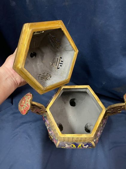 กระถางกำยาน หกเหลี่ยม ทองเหลืองถมปัด ใบใหญ่สะสม B1 รูปที่ 9