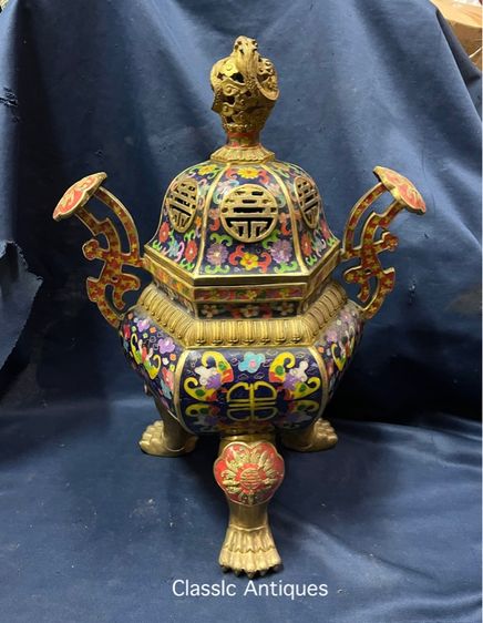 กระถางกำยาน หกเหลี่ยม ทองเหลืองถมปัด ใบใหญ่สะสม B1 รูปที่ 4