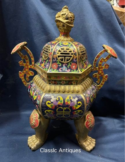 กระถางกำยาน หกเหลี่ยม ทองเหลืองถมปัด ใบใหญ่สะสม B1