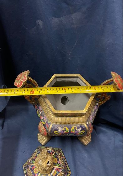 กระถางกำยาน หกเหลี่ยม ทองเหลืองถมปัด ใบใหญ่สะสม B1 รูปที่ 17