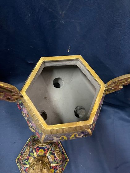 กระถางกำยาน หกเหลี่ยม ทองเหลืองถมปัด ใบใหญ่สะสม B1 รูปที่ 6