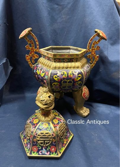 กระถางกำยาน หกเหลี่ยม ทองเหลืองถมปัด ใบใหญ่สะสม B1 รูปที่ 5