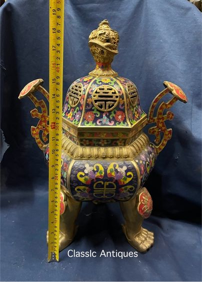 กระถางกำยาน หกเหลี่ยม ทองเหลืองถมปัด ใบใหญ่สะสม B1 รูปที่ 18