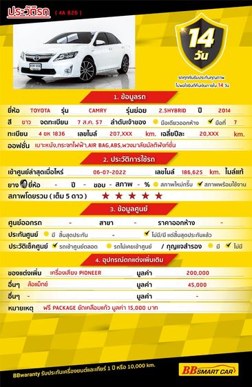 Toyota Camry 2014 2.5 Hybrid Sedan ไฮบริด ไม่ติดแก๊ส เกียร์อัตโนมัติ ขาว รูปที่ 2