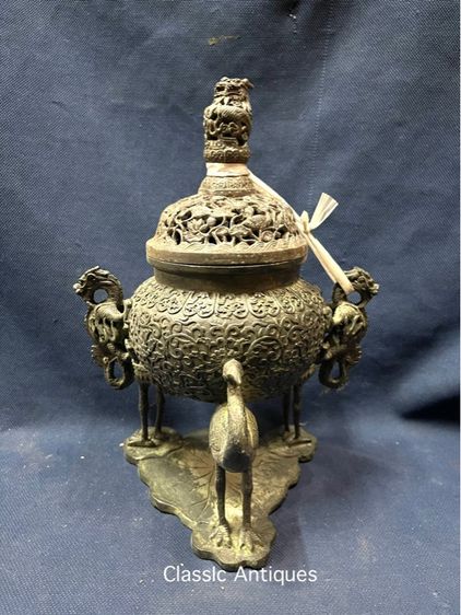 กระถางกำยาน หัวมังกร ฐานนก ทองเหลืองสะสม