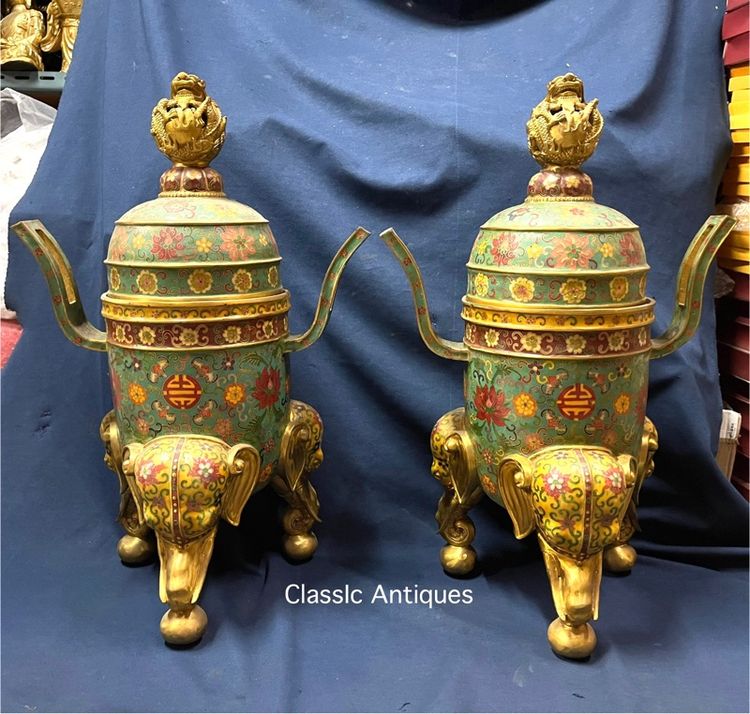 กระถางกำยาน มังกร ทองเหลือง ถมปัด ใบใหญ่สะสมB2