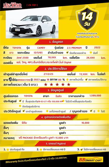 Toyota Camry 2022 2.5 Premium Sedan เบนซิน ไม่ติดแก๊ส เกียร์อัตโนมัติ ขาว รูปที่ 2