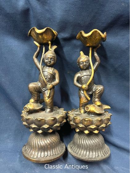 เชิงเทียน เด็กถือใบบัว ทองเหลืองสะสม รูปที่ 12