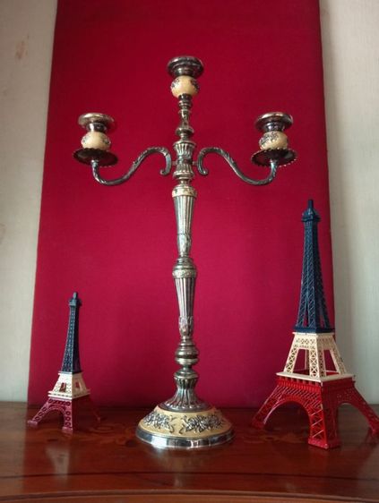 ฝรั่งเศส..เชิงเทียนหลุยส์ 3 ช่อเก่าโบราณงานฝรั่งเศสเนื้อโลหะ filter ลงยา.ขนาดใหญ่ รูปที่ 12