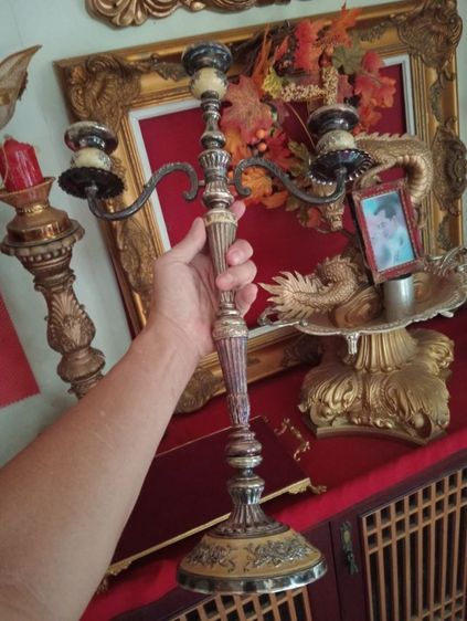 ฝรั่งเศส..เชิงเทียนหลุยส์ 3 ช่อเก่าโบราณงานฝรั่งเศสเนื้อโลหะ filter ลงยา.ขนาดใหญ่ รูปที่ 8