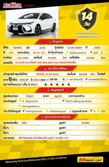 Toyota Altis 2020 1.8 GR Sport CVT Sedan เบนซิน ไม่ติดแก๊ส เกียร์อัตโนมัติ ขาว รูปที่ 2