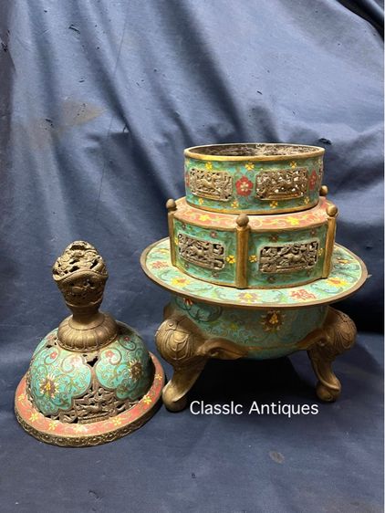 กระถางกำยาน ทองเหลืองถมปัด ใบใหญ่สะสมB4 รูปที่ 13