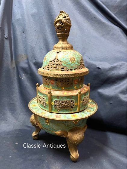 กระถางกำยาน ทองเหลืองถมปัด ใบใหญ่สะสมB4 รูปที่ 3