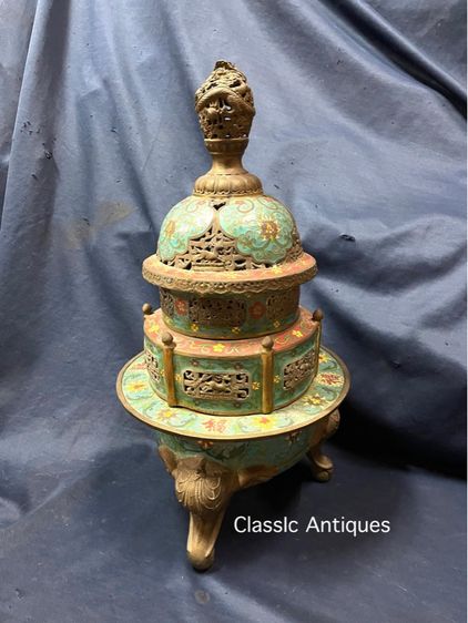 กระถางกำยาน ทองเหลืองถมปัด ใบใหญ่สะสมB4 รูปที่ 10