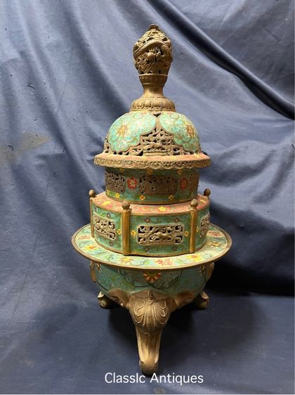 กระถางกำยาน ทองเหลืองถมปัด ใบใหญ่สะสมB4