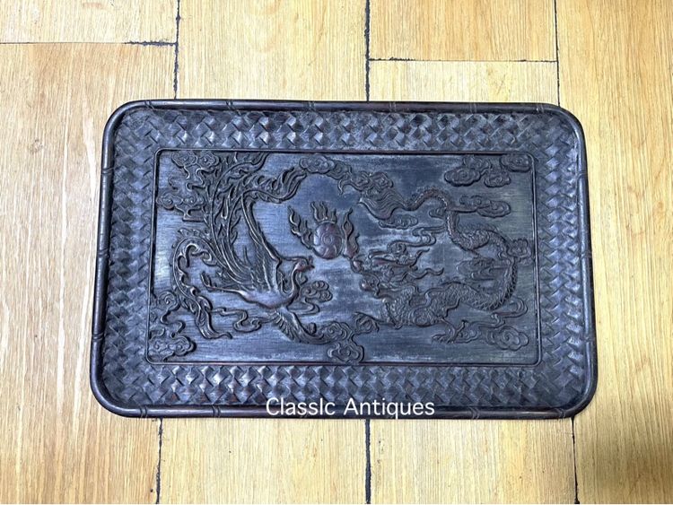 ถาด ไม้แกะสลัก ลายหงษ์ มังกร สะสมA2