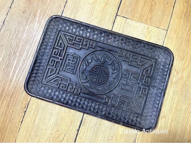 ถาด ไม้แกะสลัก ลายค้างคาวคาบเหรียญ สะสมA3 รูปที่ 9