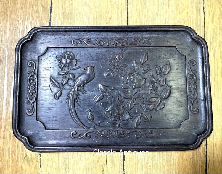 ถาด ไม้แกะสลัก ลายนกไม้ สะสมA6