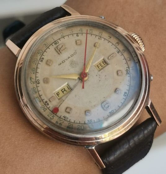 นาฬิกา Vintage Movado Triple Calendar Gold Cap (Pink Gold) โลโก้มือ ไขลาน ของสวยหายาก ราคาดีๆครับ รูปที่ 4