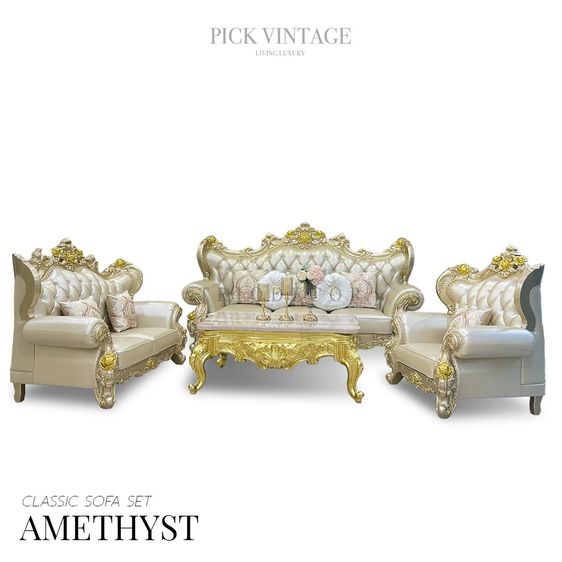หนัง 4+ ที่นั่ง AMETHYST BAROQUE SOFA SET ชุดโซฟาหลุยส์ 4ชิ้น  พร้อมหมอนอิงและโต๊ะกลางสุดหรู รุ่น อาเมทิสต์ สีทอง