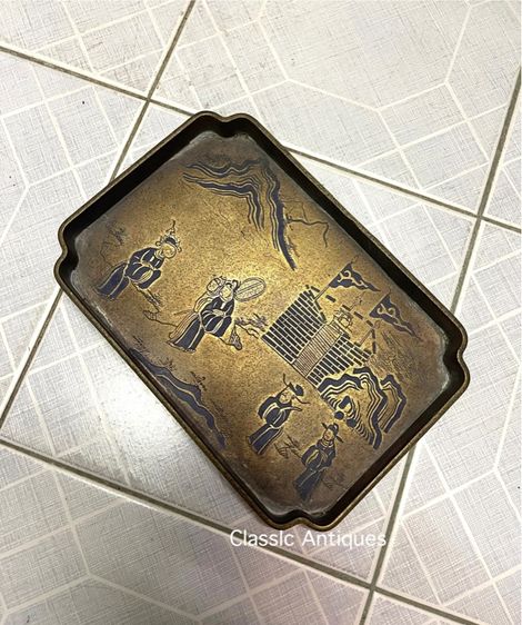 ถาด ทองเหลือง ย่อมุม ลายกำแพงเมือง ลงยาสะสม รูปที่ 2