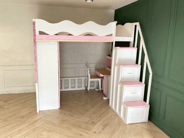 เตียงสองชั้น 4 ฟุต สำหรับเด็ก พร้อมตู้เสื้อผ้า สีขาว,ชมพู รูปที่ 2