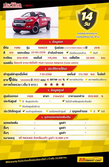 Ford Ranger 2016 2.2 Hi-Rider XLT Pickup ดีเซล ไม่ติดแก๊ส เกียร์ธรรมดา แดง รูปที่ 2