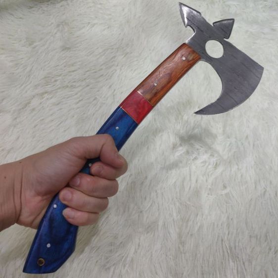 ขวาน viking งานสั่งทำทรงแปลก Axe Knife twist Damascus ด้ามไม้ olive wood ของใหม่ไม่ผ่านการใช้งาน มีด ดามัสกัส ด้ามไม้จริงสวยสวม ซองหนังแท้ รูปที่ 13