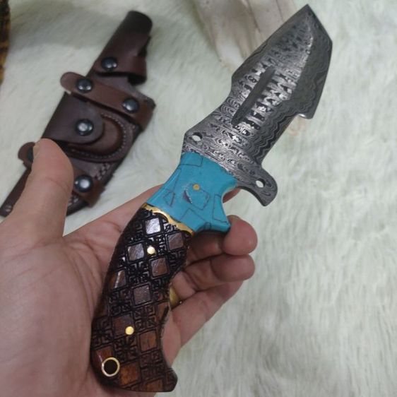 มีด custom made งานสั่งทำUSA  Knife twist Damascus ด้ามไม้ olive ของใหม่ไม่ผ่านการใช้งาน มีด ดามัสกัส ด้ามไม้ซองหนัง รูปที่ 6