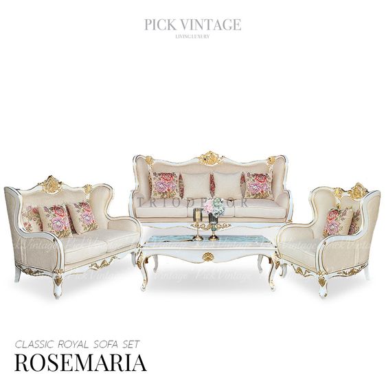 ผ้า ขาว 4+ ที่นั่ง ROSEMARIA CLASSIC ROYAL SOFA SET ชุดโซฟาหลุยส์ 4ชิ้น พร้อมหมอนอิงและโต๊ะกลางสุดหรู รุ่น โรสมาเรีย
