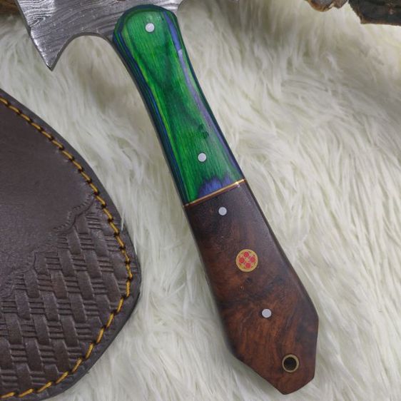 มีด หรือ ขวาน ดามัสกัส สองคม ทรงแปลก ด้ามไม้ แข็งไม้มะกอก ซองหนังหนาๆ งาน อเมริกา  รูปที่ 3