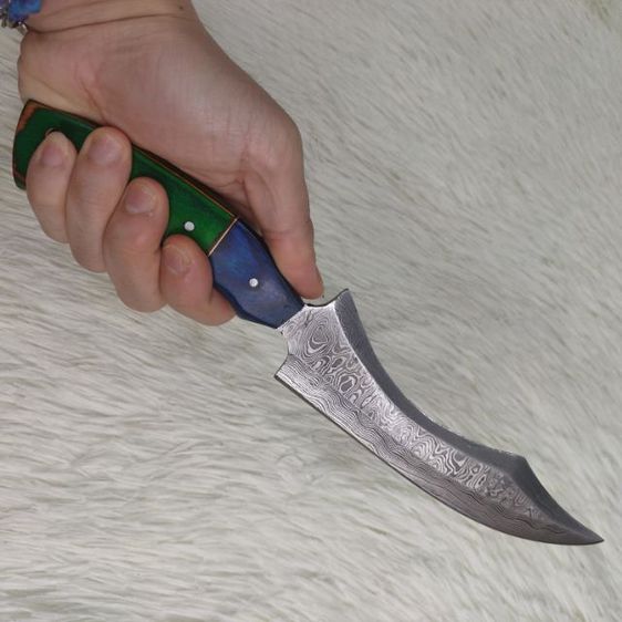 มีดใบตาย เหล็ก ดามัสกัสทรงแปลก ใบมีด 6 นิ้ว ด้ามไม้ แข็งไม้มะกอก ซองหนังหนาๆ งาน อเมริกา  รูปที่ 15