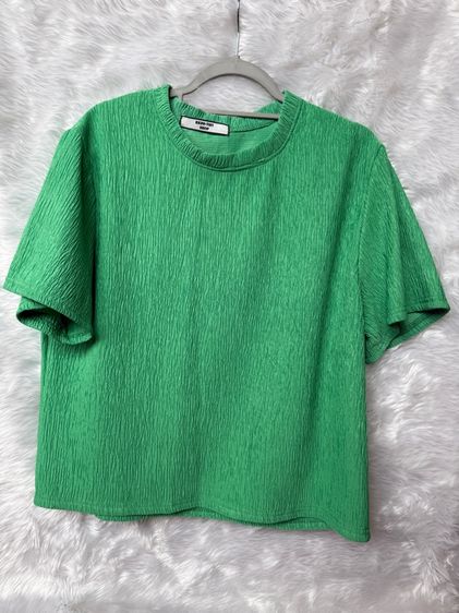 เสื้อแขนสั้นผ้ายืด ริ้วในตัว ใส่สบายไม่ต้องรีด สีเขียว