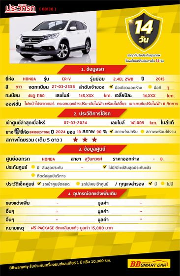 Honda CR-V 2015 2.4 EL 2WD Utility-car เบนซิน ไม่ติดแก๊ส เกียร์อัตโนมัติ ขาว รูปที่ 2