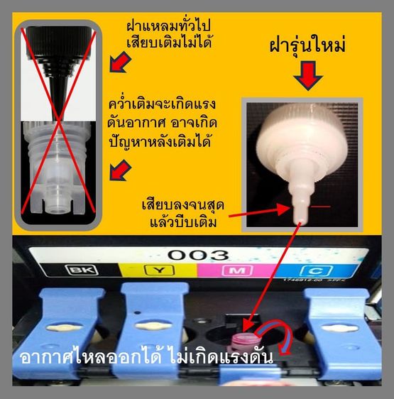 หมึก For Epson หัวเติมรุ่นไหม่  คว่ำเติมได้เลยไม่ต้องใช้ที่เติม รูปที่ 3