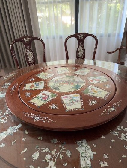 ไม้ ชุดโต๊ะอาหารจีน ฝังมุก ขนาด 6 เก้าอี้  