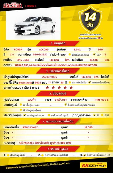 Honda Accord 2014 2.0 EL Sedan เบนซิน ไม่ติดแก๊ส เกียร์อัตโนมัติ ขาว รูปที่ 2