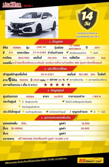 Honda Civic 2017 1.5 Turbo Sedan เบนซิน ไม่ติดแก๊ส เกียร์อัตโนมัติ ขาว รูปที่ 2