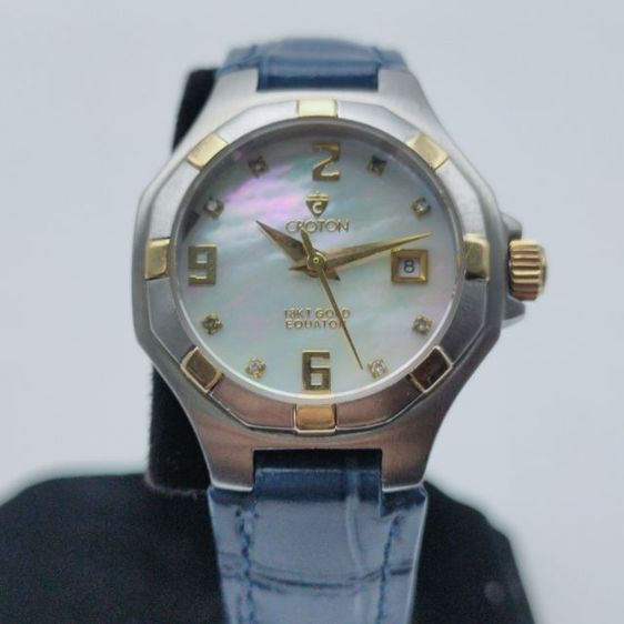 นาฬิกาผู้หญิง แบรนด์ Croton ขนาด 28มม.เครื่อง quartz กันน้ำ 5atm 18KT Gold Eduator  หน้าปัดมุกเลขเพชร สายหนังใหม่พร้อมใช้ครับ รูปที่ 10
