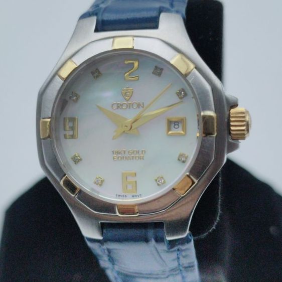 นาฬิกาผู้หญิง แบรนด์ Croton ขนาด 28มม.เครื่อง quartz กันน้ำ 5atm 18KT Gold Eduator  หน้าปัดมุกเลขเพชร สายหนังใหม่พร้อมใช้ครับ รูปที่ 7