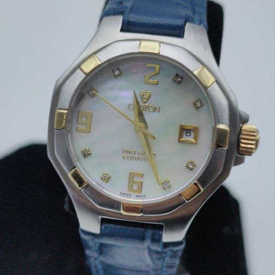 นาฬิกาผู้หญิง แบรนด์ Croton ขนาด 28มม.เครื่อง quartz กันน้ำ 5atm 18KT Gold Eduator  หน้าปัดมุกเลขเพชร สายหนังใหม่พร้อมใช้ครับ