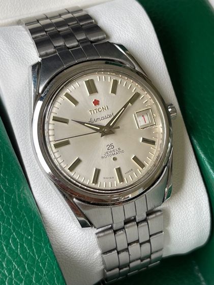 เงิน อื่นๆ TITONI AIRMASTER 25J ROTOMATIC SILVER DIAL DATE SWISS WATCH VINTAGE MEN